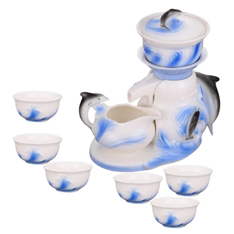 

9PCS Chinese Hand Paint Kung Fu Semi Automatic Enamel Porcelain Coffee Tea Set Cups China Bone Tea Pot European Tea Coffee Mugs