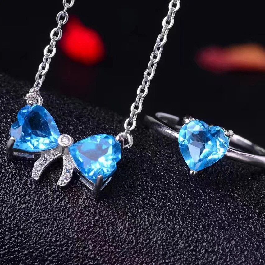

MeiBaPJ Natural Blue Topaz Bow Heart Jewelry Set 925 Pure Silver Ring Pendant Necklace 2 Suits Fine Wedding Jewelry for Women