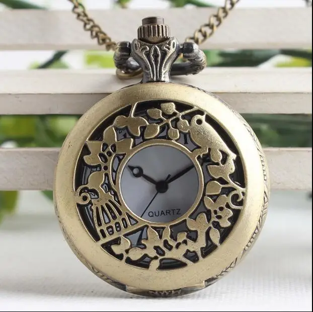 

New Fashion quartz Small cage girl students Flip clock Hollow out gift Necklace pocket watches