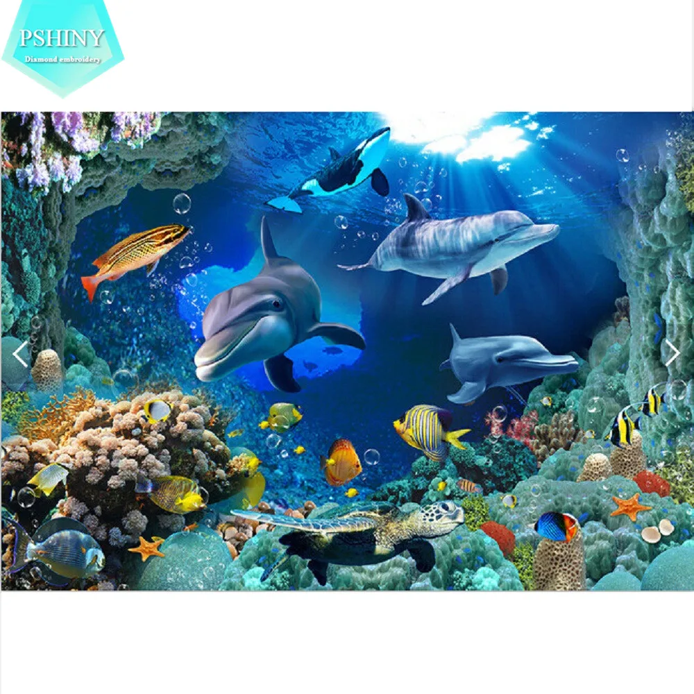 

PSHINY 5D DIY Diamond embroidery underwater world dolphin picture complete round rhinestones animal diamond Painting cross stich