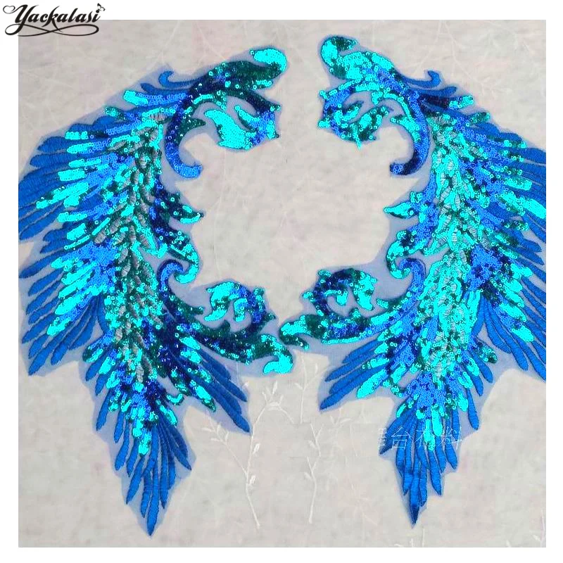 

YACKALASI 3D Floral Appliqued Blue Peacock Sequined Dress Motif Flower Lace Patches Mirror Pair Sewing Apparel Trims 25CM*40CM