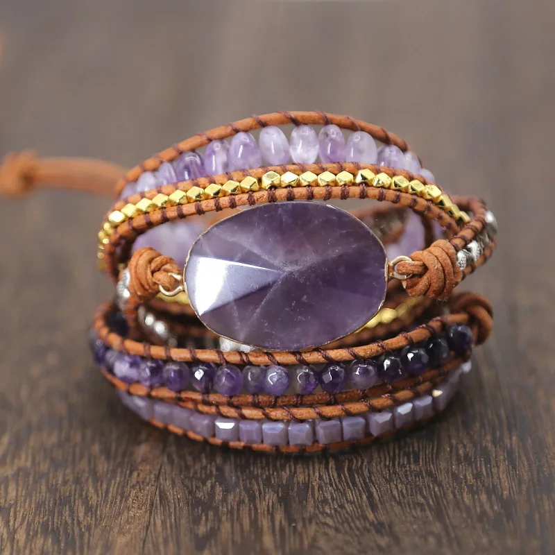 

Europe and the United States retro natural amethyst bracelet multi-layer bracelet hand-woven bohemian leather jewelry bracelet