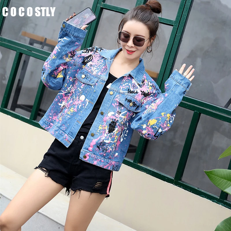 

Denim Jacket Women Patch Designs Letter Printed Coats Long Sleeve Jean Jacket cazadora vaquera mujer Coat Female asaco feminino