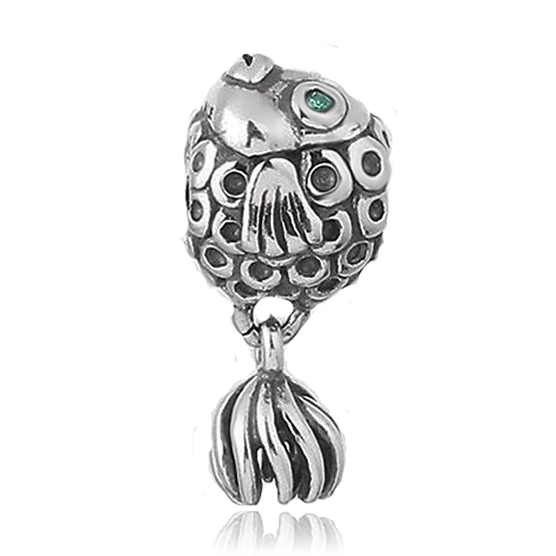 

free shipping 1pc Silver Fish with Green Crystal Rhinestone bead charm Fit European Pandora Charm Bracelets Women Diy Jewelry
