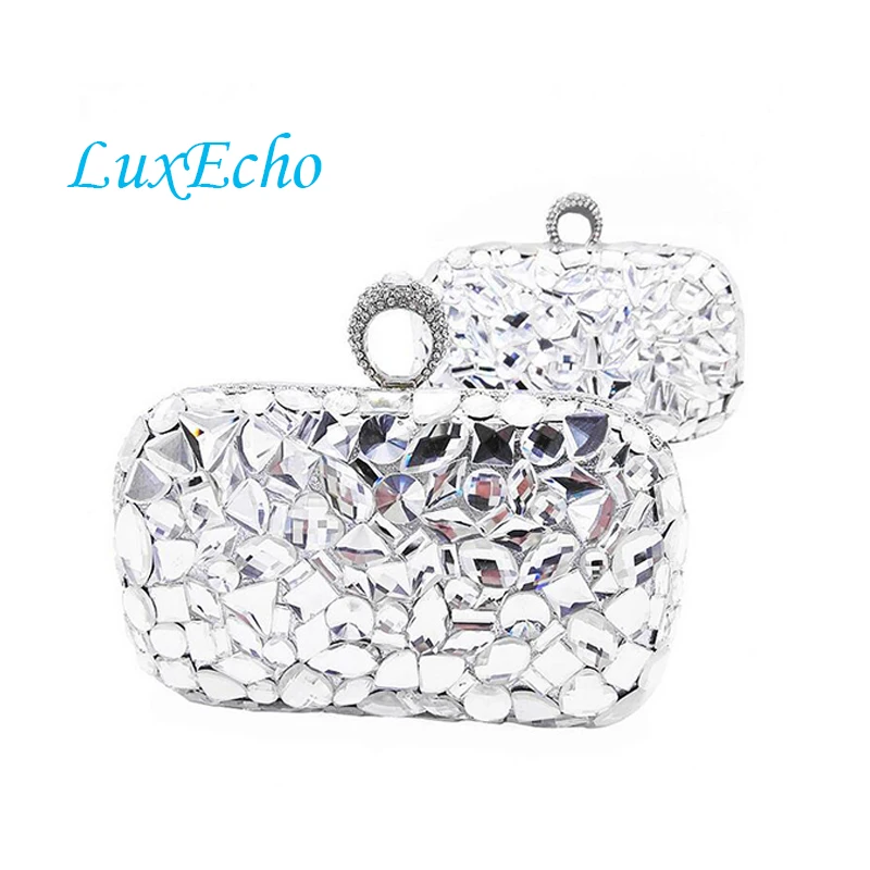 Luxury Rhinestone Handmade Handbags Women shoulder bags Fashion Day Clutches Golden and silver color Finger Ring