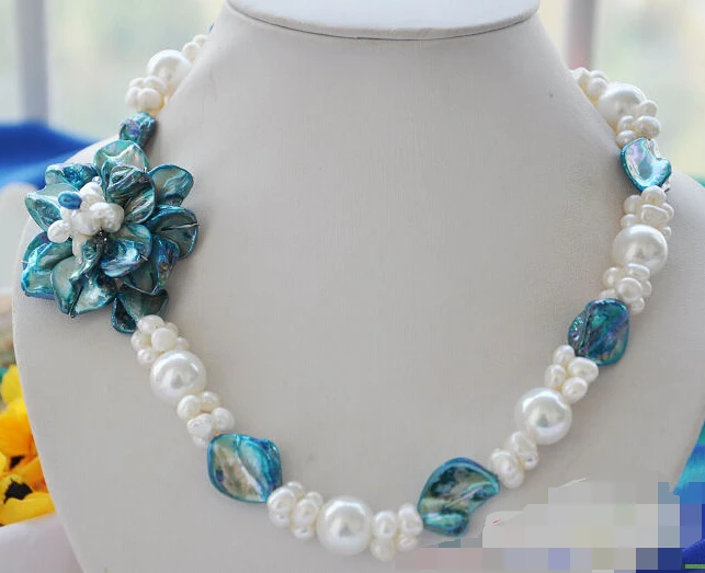 

Hot sell ->@@ S ***Hot sale >>18" 14mm white round baroque pearl blue shell flower necklace -Top quality free shipping