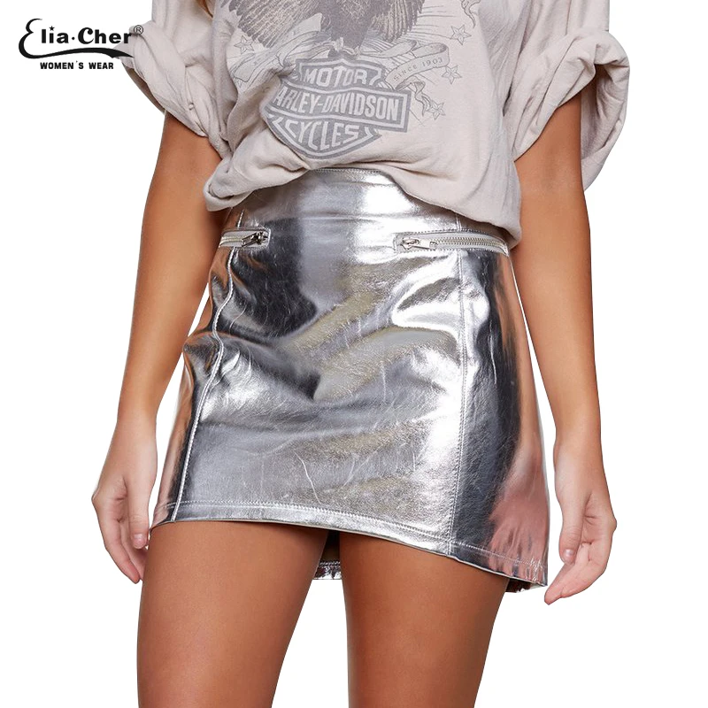 

2017 new Skirts Women silver PU Pencil Skirt Eliacher Brand solid color lady casual Clothing Chic Sexy Mini Skirts 9048