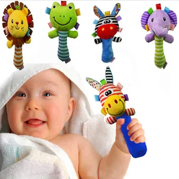 

Soft Baby Toy Cartoon Animal Rattle Squeaker BB Sounder Early Educational Doll Elephant Giraffe Lion Frog Plush Hand Rattle Bell