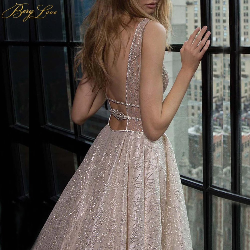 BeryLove блестящие элегантные вечерние платья цвета шампанского, длинные сексуальные блестящие платья с глубоким v-образным вырезом для выпускного вечера, платье с шлейфом