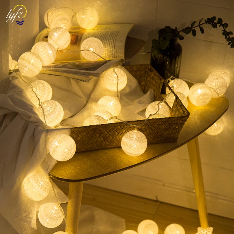 

lyfs 35/20/10 ball Beige Fabric Cotton Ball String Fairy Thailand Lights Christmas Wedding Party Home Decoration
