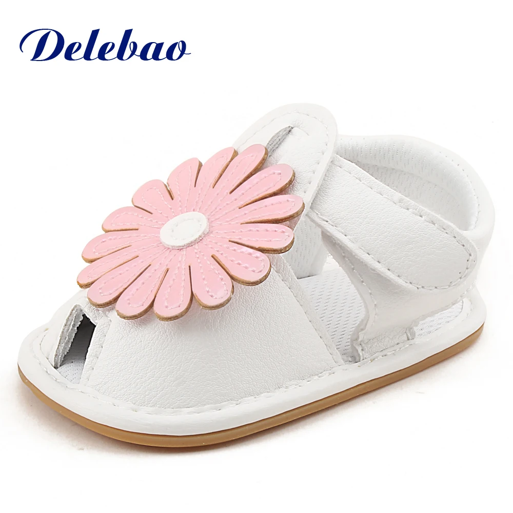 

New Design Style Baby Girl Leather Rubber Flat Shoes With Big Flowers Baby Shoes For 0-18 Months