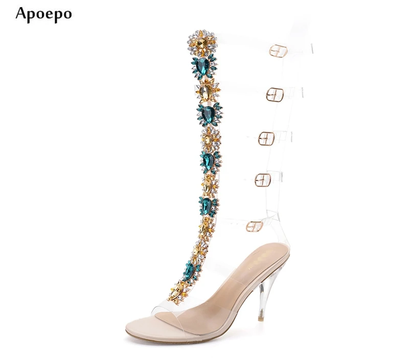

New Fashion Open Toe Sexy Transparent Heels PVC patchwork High Heel Sandal Boots for Woman Rome Style Crystal Boots