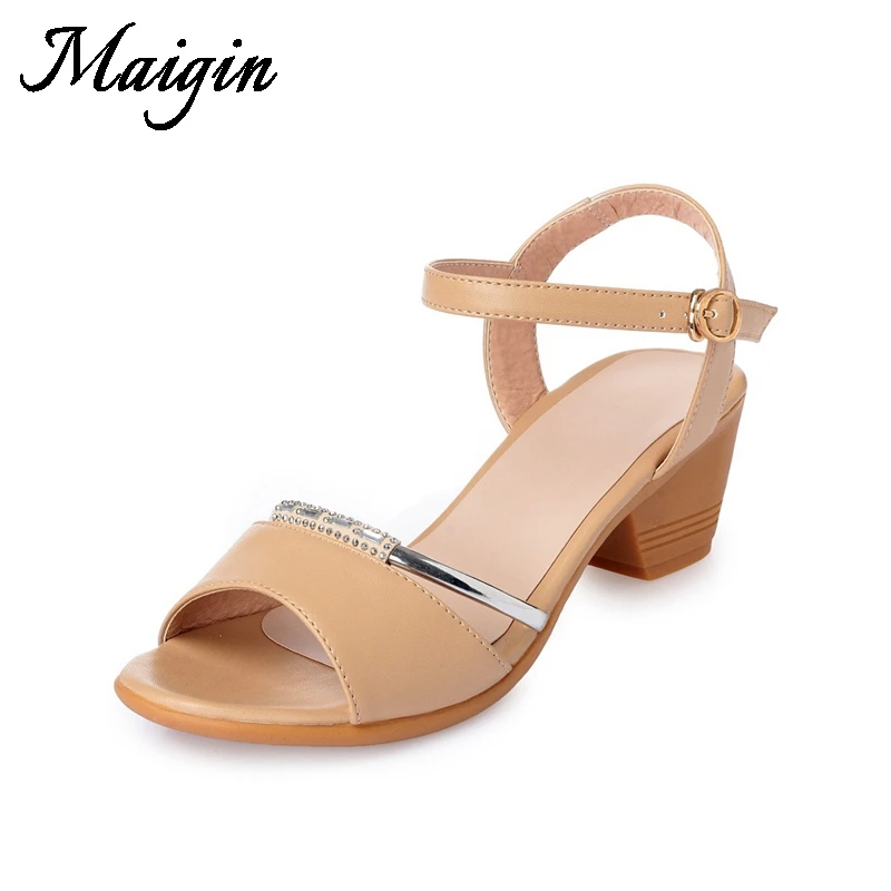 Maigin 2018 Rhinestone Sandals Women Block Heels Genuine Leather Summer Shoes Peep Toe Ladies Sandals Thick Heels Shoes Woman