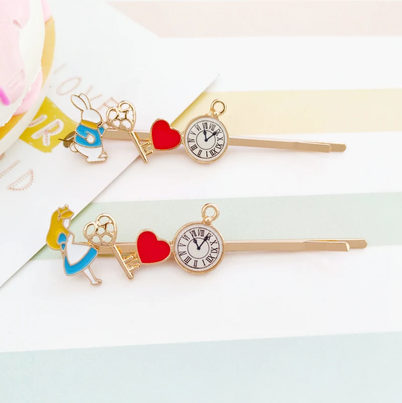 

Fashion metal Alice Rabbit Clock watch key Dream Bunny Cute Girl Enamel Clip hair jewelry for women wholesale