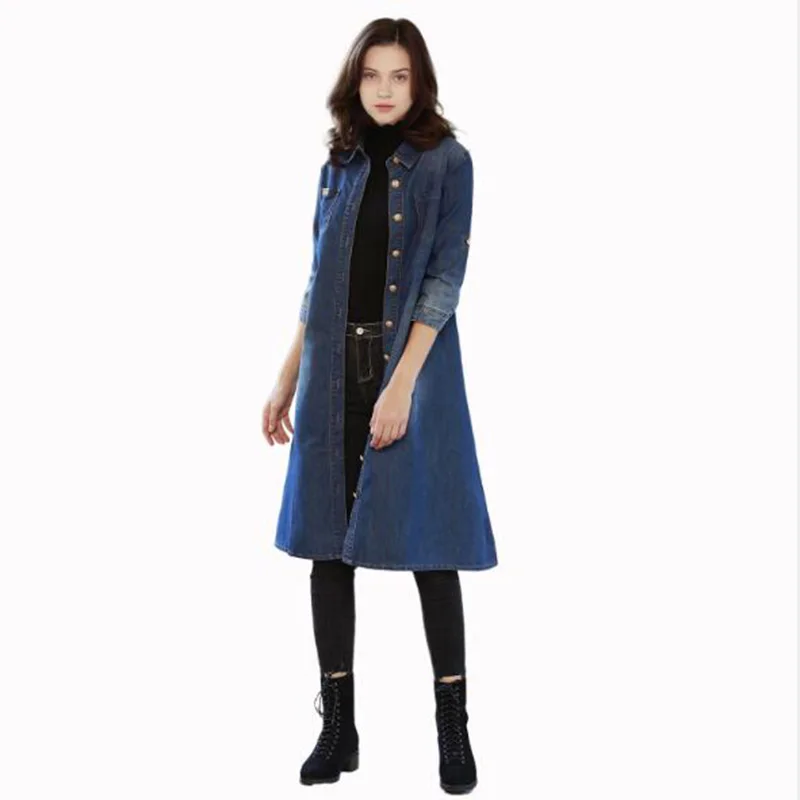 

Women Slim Denim Windbreaker coat 2019 Spring Autumn Long sleeved Medium-long Trenchcoats Outerwear Casual Female Trench J026