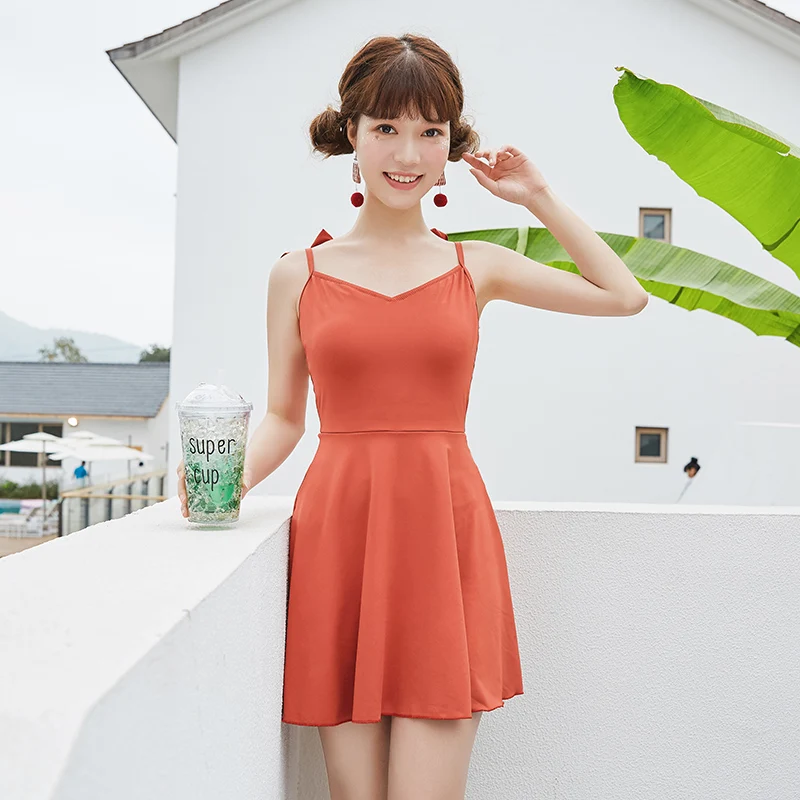 

New Red One piece swimsuit 2019 Sexy Skirt Swimwear Young girl Bow shoulder strap Halter women bathing suits Holiday beach