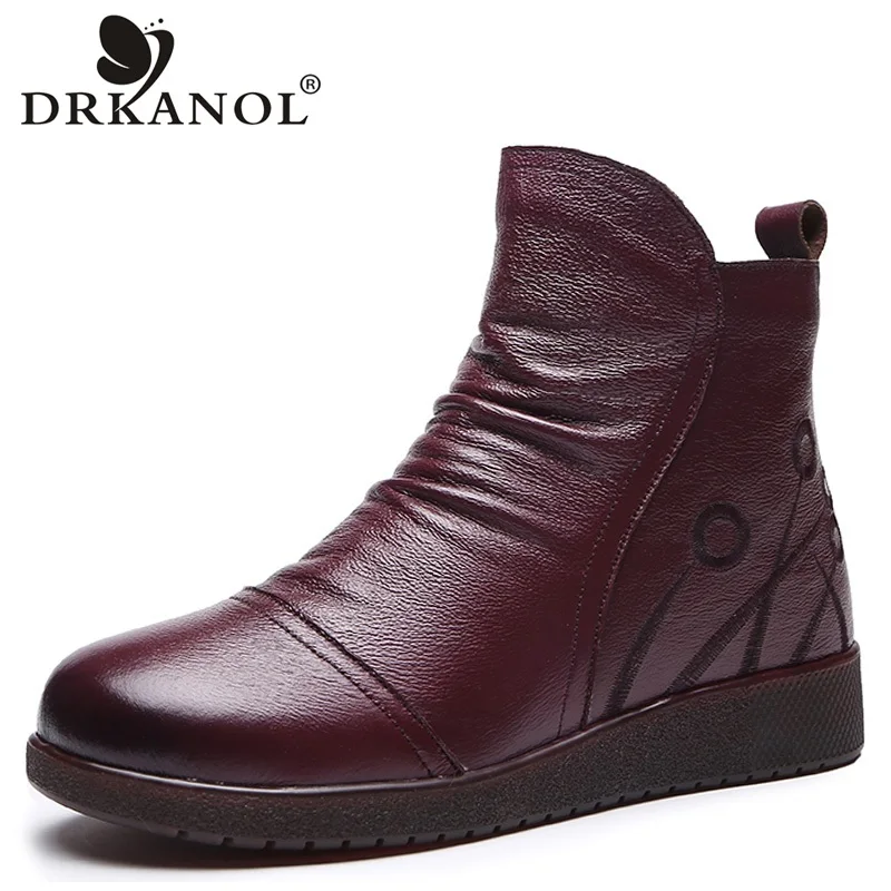 

DRKANOL New Vintage Pleated Genuine Leather Zipper Ankle Boots For Women Snow Boots Winter Short Plush Warm Flat Shoes Woman