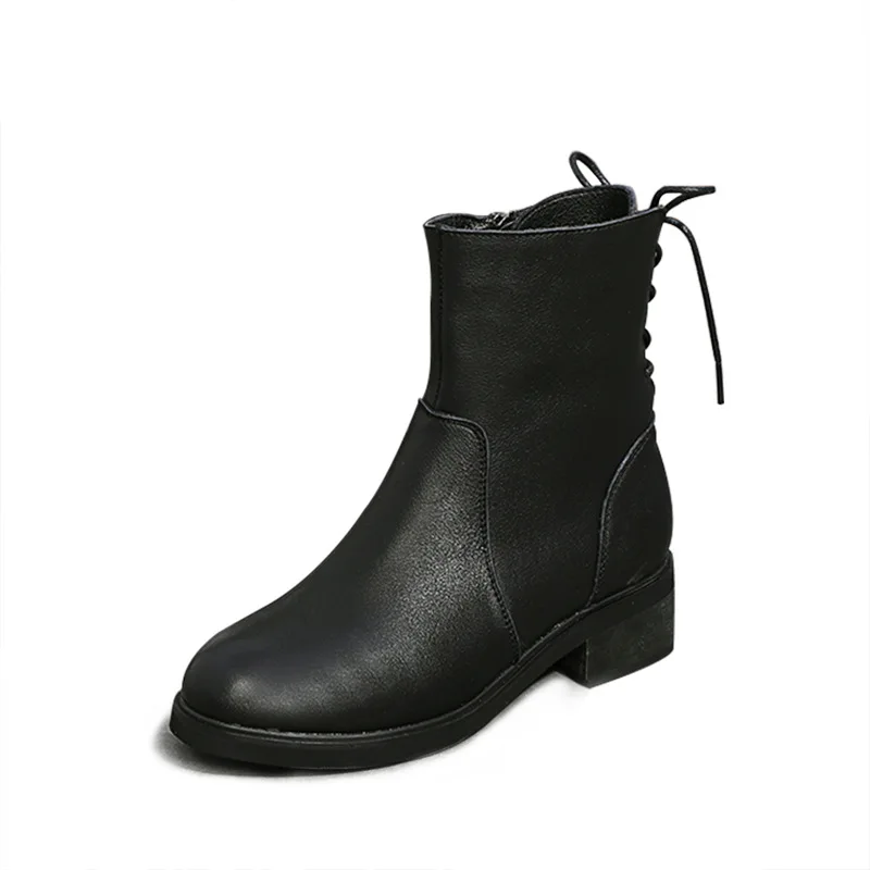 

2018 Autumn and Winter New Leather Booties Female Side Zipper Round Head Martin Boots Fashion Back Lace-up Boots