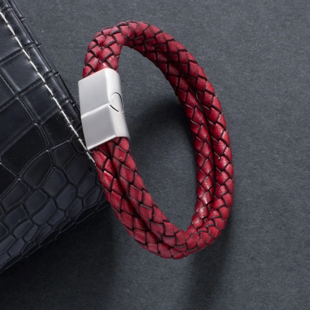 Classic Red Double Layer Braided Men Bracelet Stainless Steel