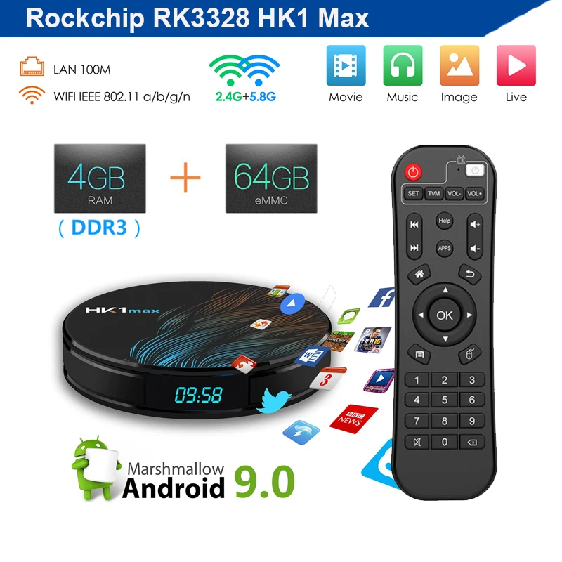

Original android 9.0 HK1 max 4gb DDR3 32G/64G Rom RK3328 2.4G/5G WiFi USB3.0 4K H.265 youtube Neflix smart tv media player