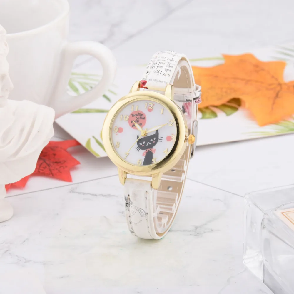 

8SEASONS PU Leather Watchband Cute Cat Pattern Gold Color Quartz Wrist Watches Women Ladies Watch Clock Trendy Jewelry 1 Piece
