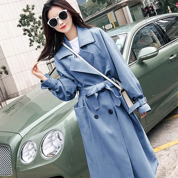 

Fashion Solid color Medium long Windbreaker Female 2020 Spring Autumn New Over knee Lapel Korean Slim jacket Woman Tide XY075