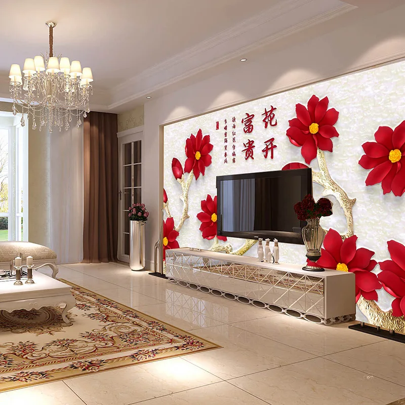 

Factory price Customized wallpaper mural Chinese pattern with red flowers behind sofa TV as background livingroom