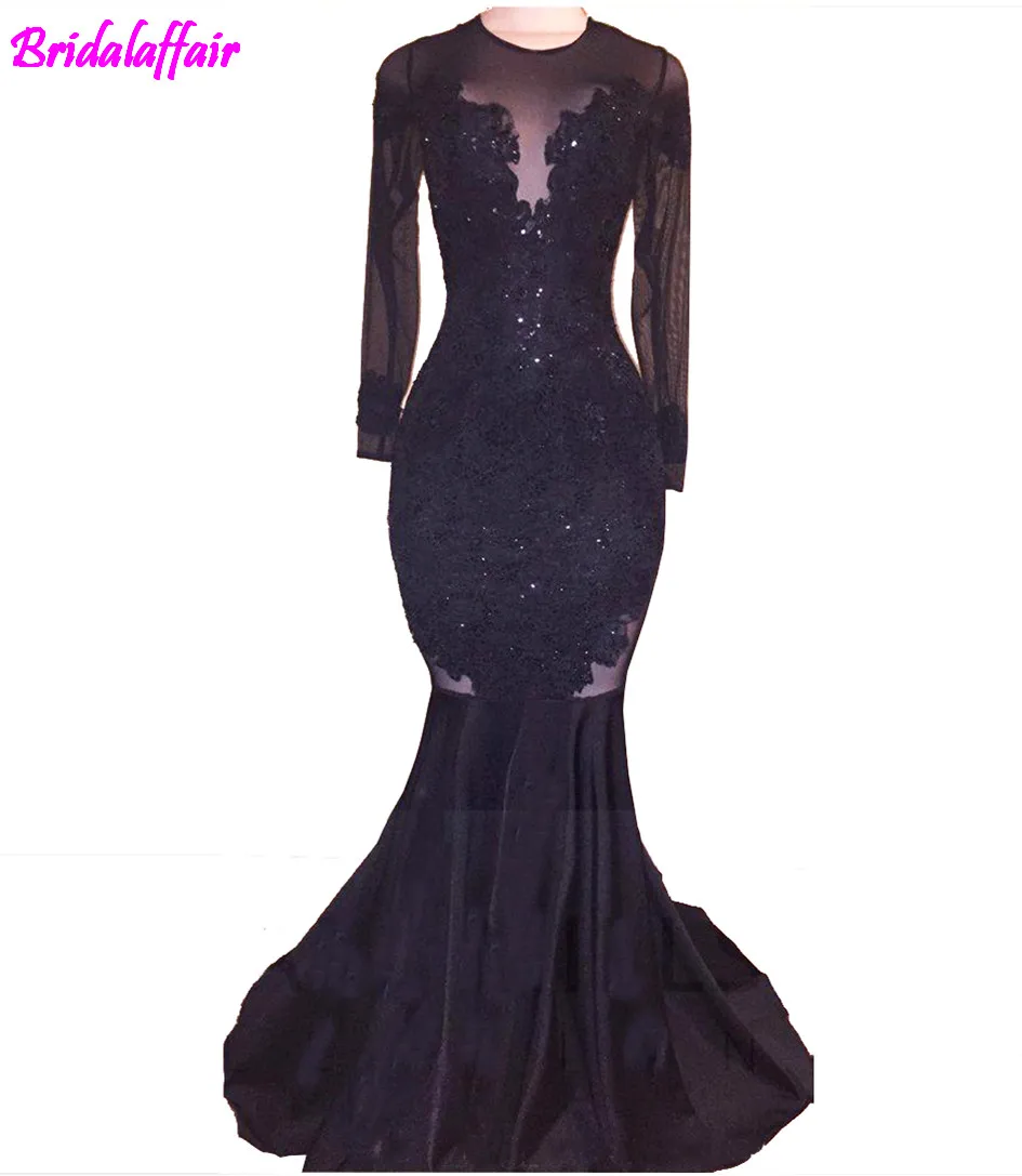 

Sexy Black Mermaid Prom Dresses 2019 Long Sleeves Open Back Evening Gowns Party Gowns Gala Jurken Evening Wear Party Gown