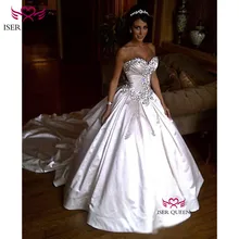 Роскошный блестящий атлас шампанского Блестящий большой кристалл возлюбленный вырез гофрированные Свадебные платья бальное платье w0345