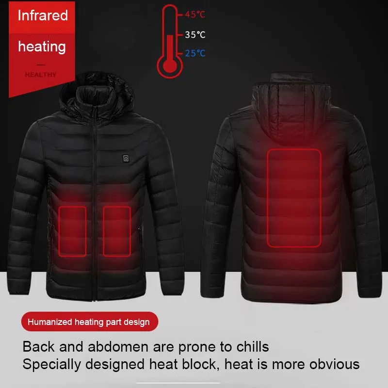 Winter Warm Heated Jacket Men Women USB Infrared Heating Hooded Jacket Electric Therml Clothing Waterproof Skiing Hiking Jacket 