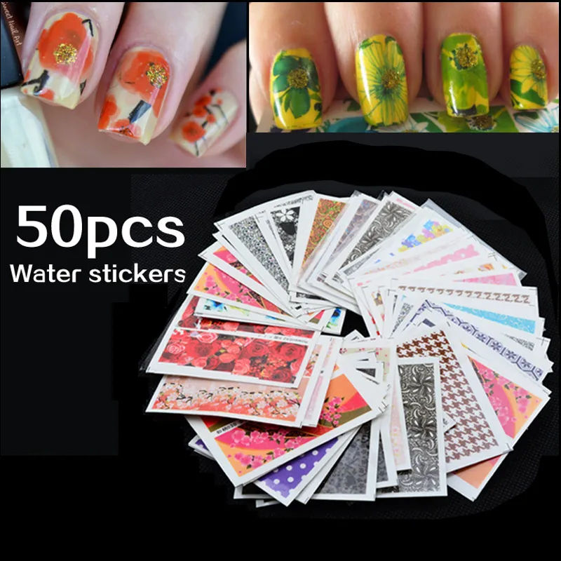 Mix 50pcs/pack Nail Art Water Transfer Flower Design Nail Sticker Watermark Decals DIY Beauty  Nail Tips Decoration Wraps Tools