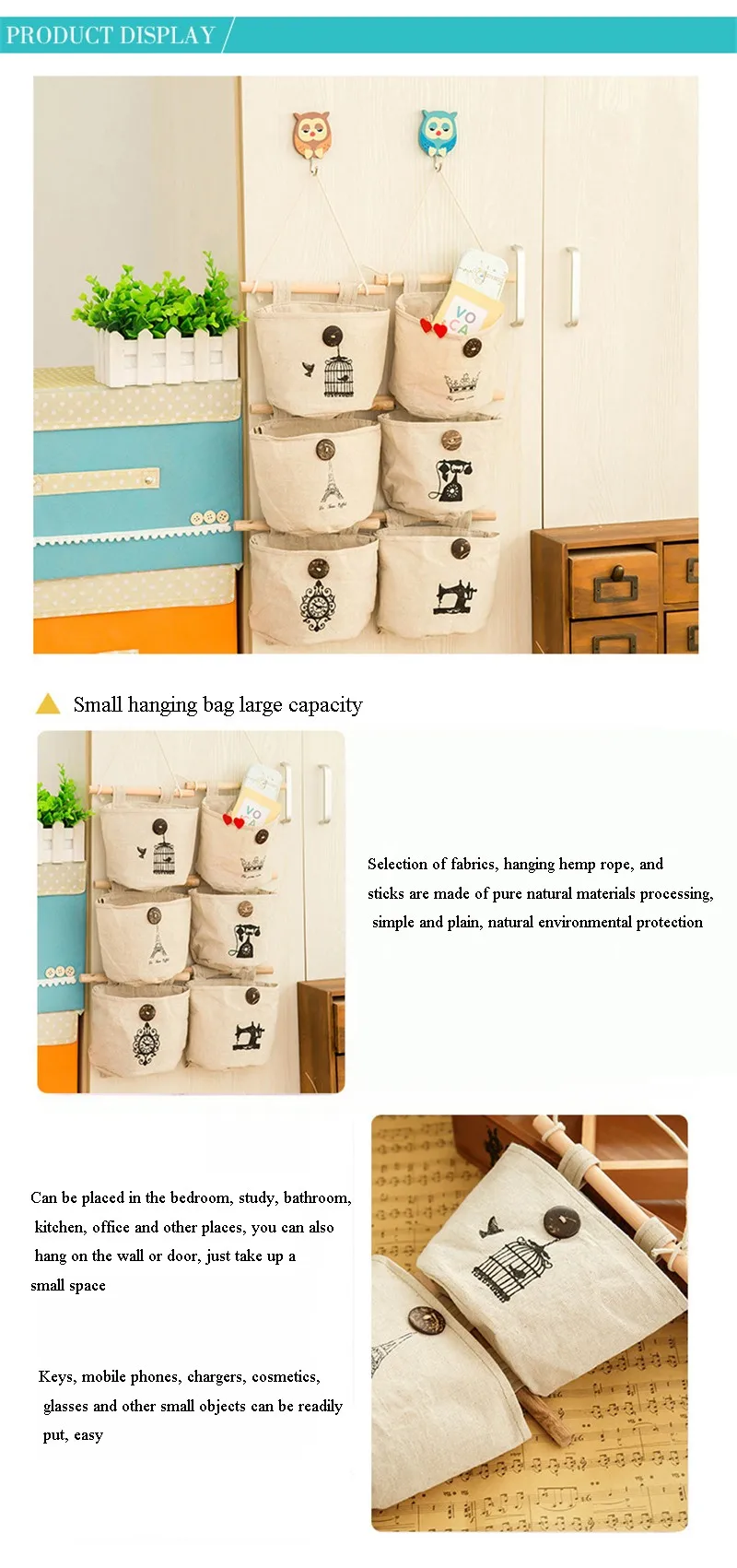 1pc Wall Hanging Storage Baskets Toys Sundries Neatening Storage Home Supplies Cotton Combined Door Behind Wall Hanging Bags