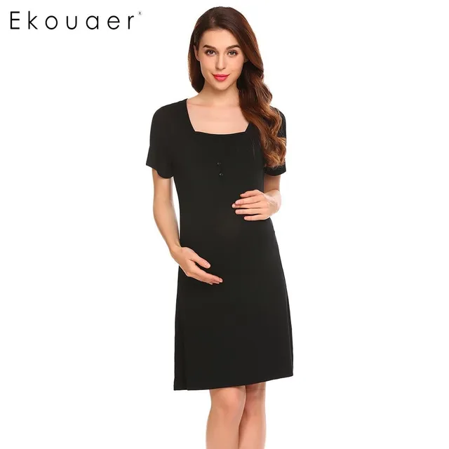 Ekouaer Pregnant Nightgown Women Soft Short Sleeve V Neck Solid