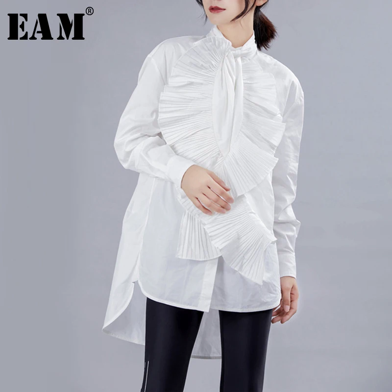 

[EAM] 2019 New Spring Autumn Stand Neck Long Sleeve Stitch Pleated Button Spliced Personality Shirt Women Blouse Fashion JY777