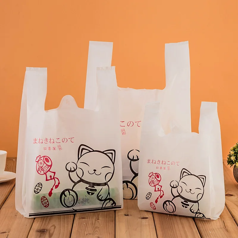 

50pcs Disposable Packaging Bags with Cute Cartoon Cat Pattern Bakery Baking Bags Dessert Sweets Food Plastic Vest-style Handbags