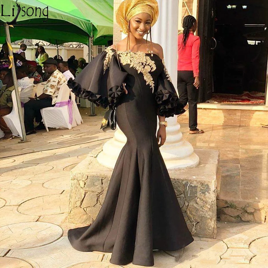 Ankara Aso Ebi 2019 Black Evening Dresses Mermaid Lace Beaded Prom Dresses Satin Cheap Formal Party Pageant Gowns 145