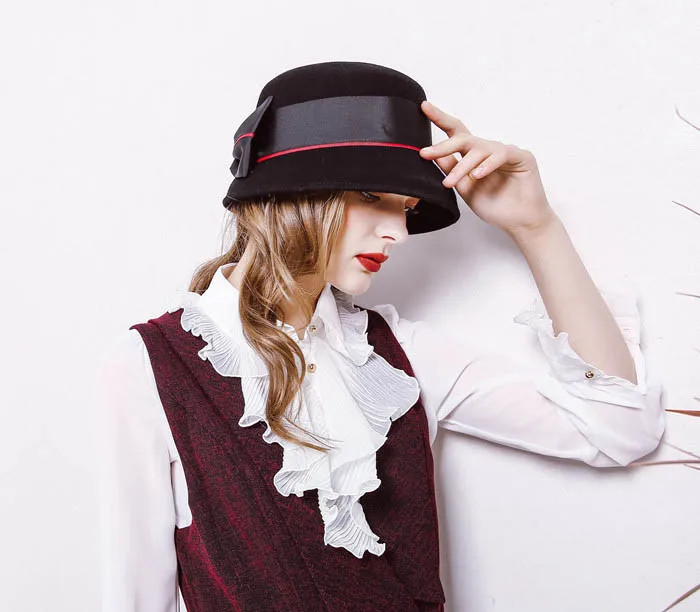 Женская мягкая фетровая шляпа FS, винтажная шерстяная шляпка с широкими полями и бантом, коричневого цвета, зимняя