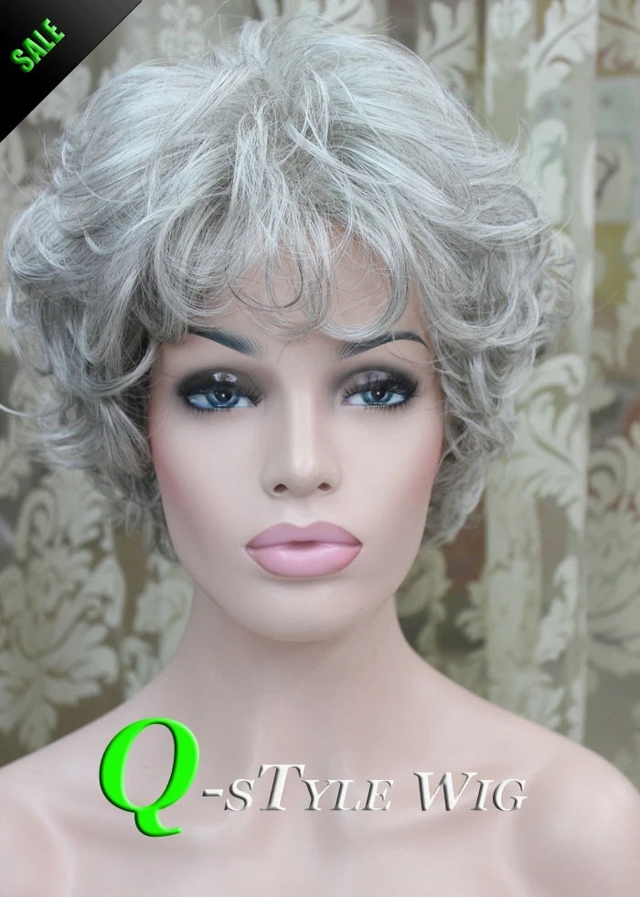 Hot Lady style short silver white grey color loose wave hair wig daily