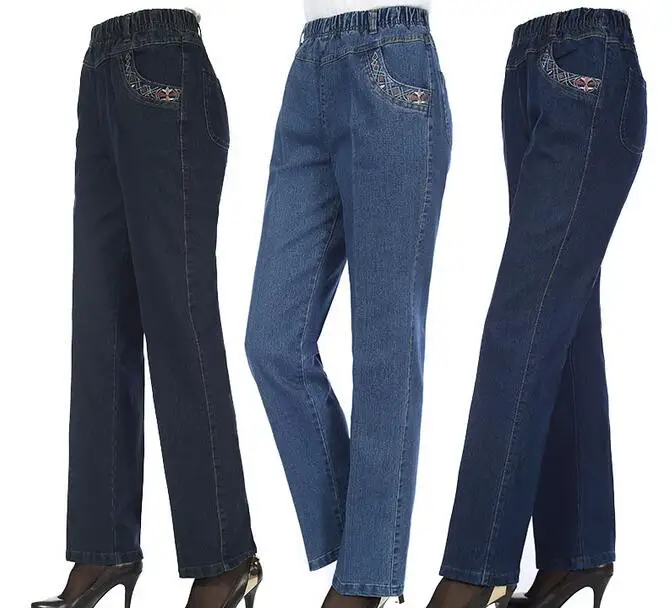 Plus size 2016 Spring and autumn embroidered jeans female straight high elastic waist women denim trousers D1128 Plus size 2016 Spring and autumn embroidered jeans female straight high elastic waist women denim trousers D1128