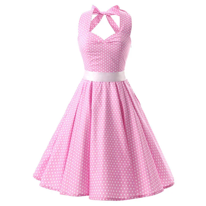 

Women Halter Pink Polka Dot Summer Dress 2019 Sleeveless Elegant Party Dresses Belt Tunic Cotton Vintage Rockabilly Sundress