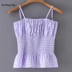 SheMujerSky/фиолетовый клетчатый сексуальный укороченный Топ для женщин, эластичные топы с оборками 2019 Femme Camisole