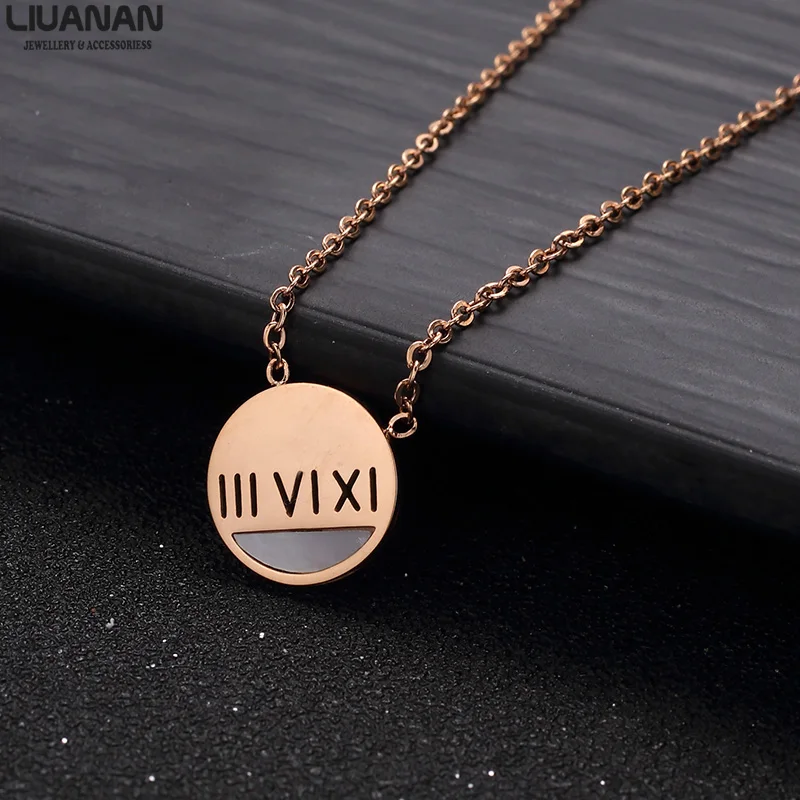 

Women's Fashion Roman Numeral Necklace Shell Stainless Steel Jewelry Rose Gold Round Pendant Necklace Collar Choker