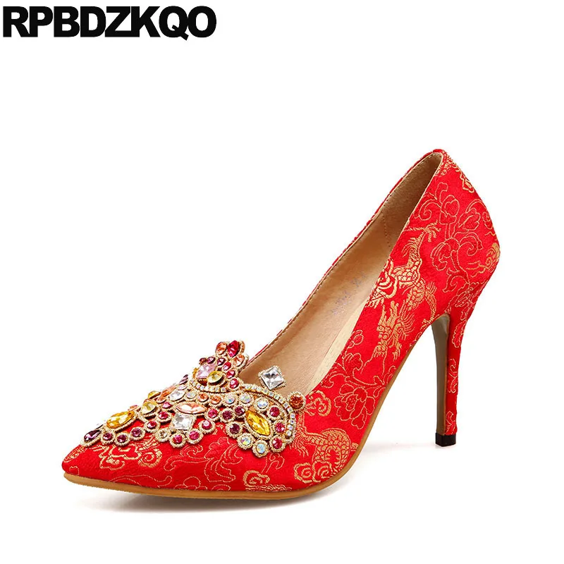 

size 4 34 rhinestone high heels 3 inch embroidered satin women crystal diamond thin wedding shoes bridal pointed toe red pumps