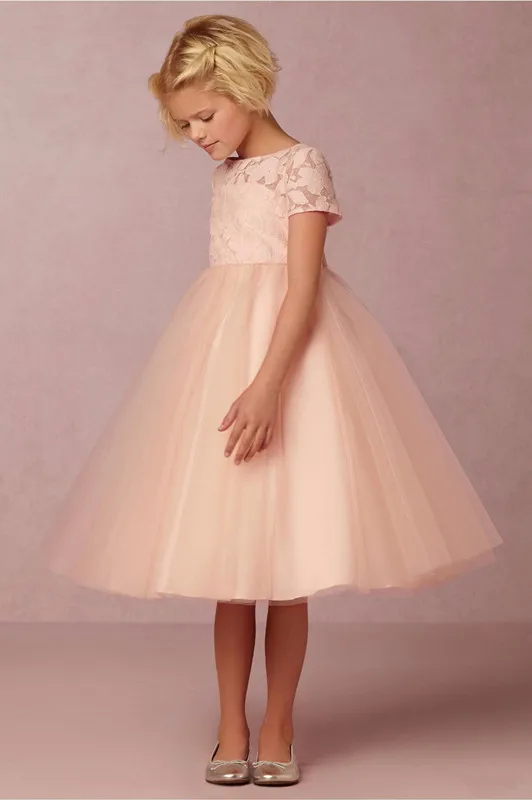 2017 New Lovely Blush Pink Flower Girl Dresses with Short Sleeves Tea