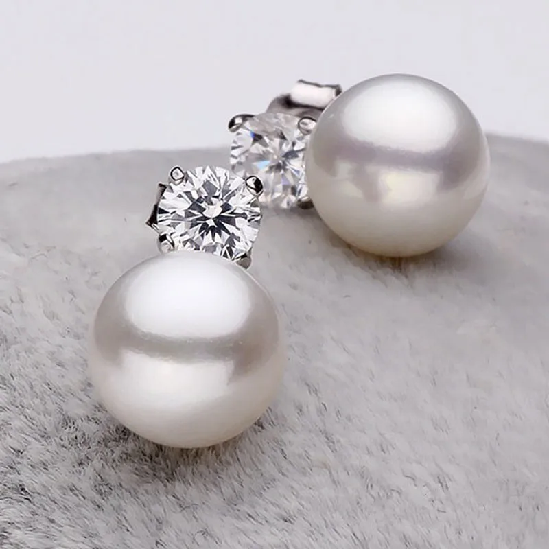 

charming natural fresh water stud pearl earrings 8mm fine jewelry 925 sterling silver zirconium white black purple brown blue
