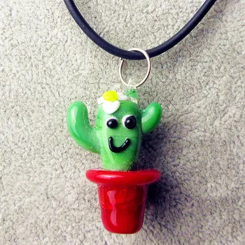 

6pcs Custom ins Style Hand made Murano Glass Cartoon cactus Figurines Necklace pendant miniature lovely ornaments accessories