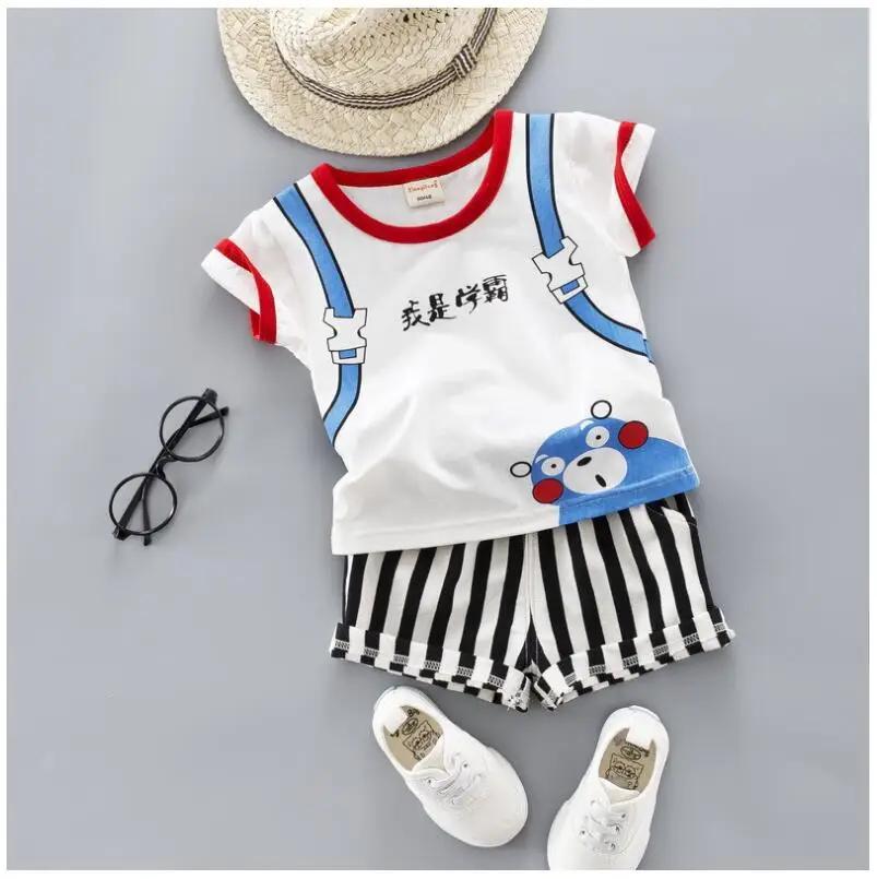 

Kid Summer Clothing Baby Girl Boy Casual Striped Shirt Clothes Set Cute Cartoon School Bag Boys Suit