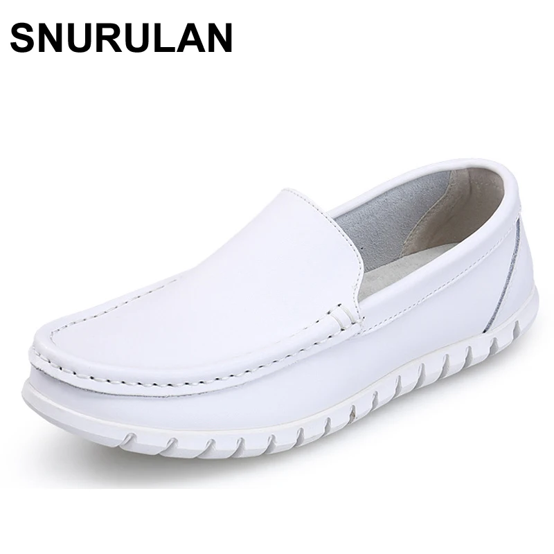 

SNURULAN New Four seasons Fashion women Pure white Split soft Comfortable Casual Sewing breathable genuine Leather Nurse shoes