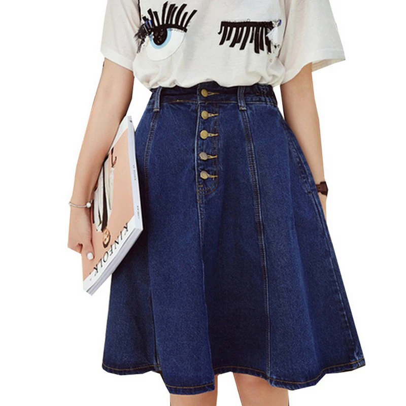 

Summer Retro Blue Jean Skirts Slim High Waist Faldas Mujer Loose Hem Girlish Washed Denim Skirts Single Breasted Women Saias