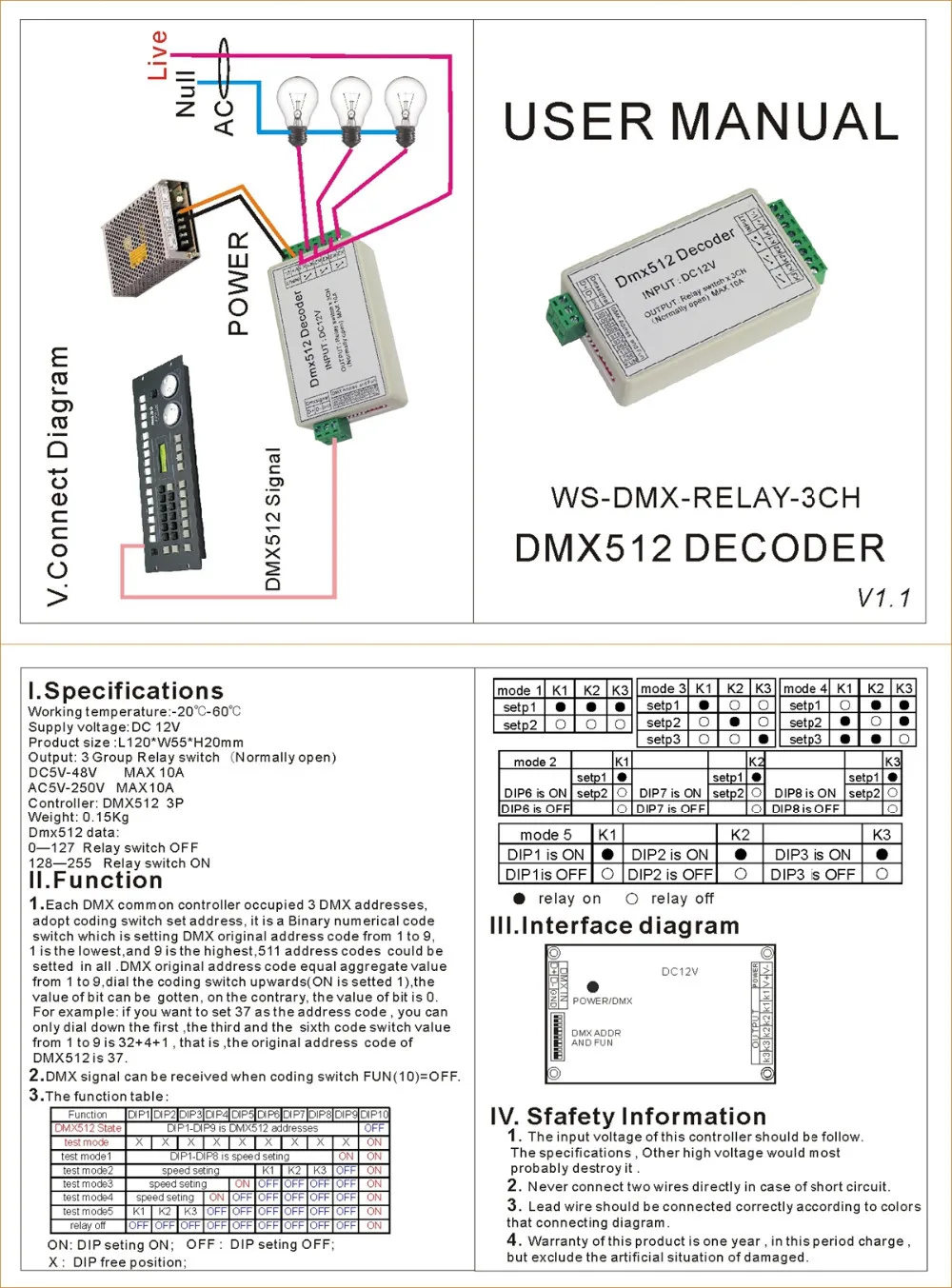 WS-DMX-RELAY-3CH DMX512 декодер реле